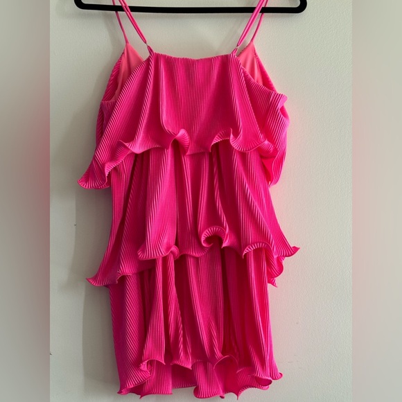 Satin Pleated Layered Mini Dress in Pink - Picture 3 of 4